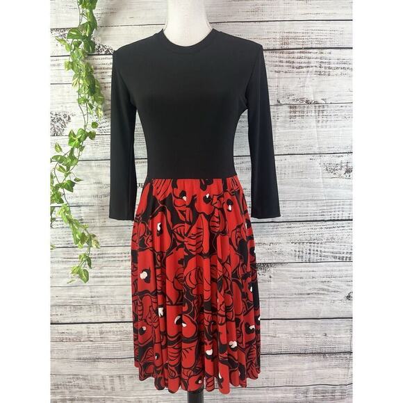 Kamalikulture Dress sz Small Black Red Floral Stretch Knee Modest Career Church - Picture 3 of 16